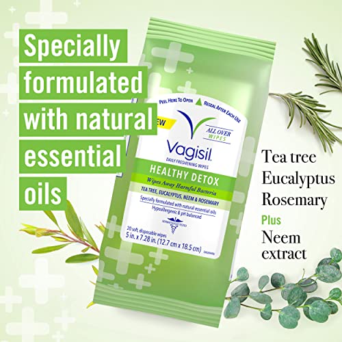 Vagisil Wipes for All Over Cleaning, Health Detox, Formulated with Essential Oils, 20 Wipes