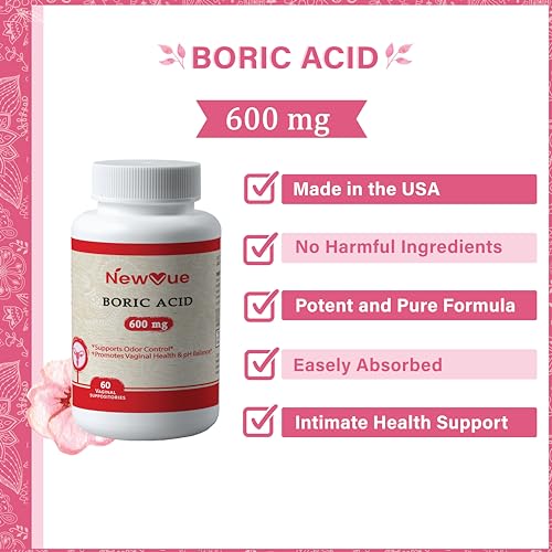 NewVue Boric Acid Vaginal Suppositories (600mg, 60 Count) Supports Vaginal pH Balance, Odor Control (USP Medical Grade Fine Powder, Easy Dissolve, Third Party Tested, Made in USA)