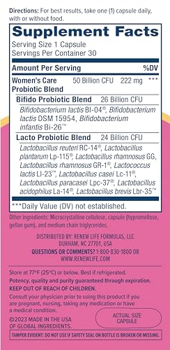 Renew Life Women's Probiotic Capsules, 50 Billion CFU Guaranteed, Supports Vaginal, Urinary