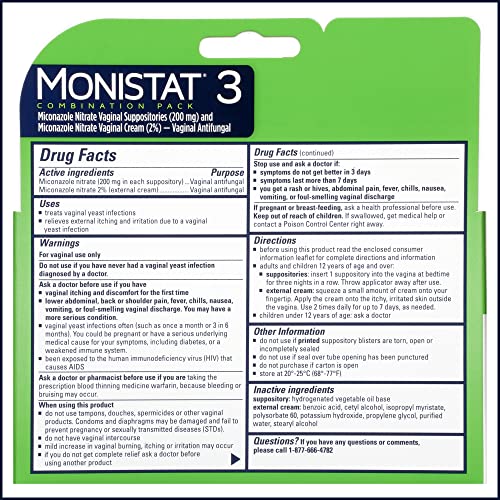 Monistat 3 Day Yeast Infection Treatment for Women, 3 Miconazole Suppository Inserts & External