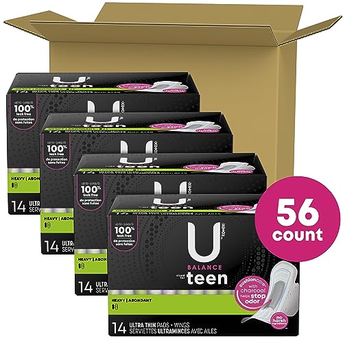 U by Kotex Balance Sized for Teens Ultra Thin Pads with Wings, Heavy Absorbency, 56 Count