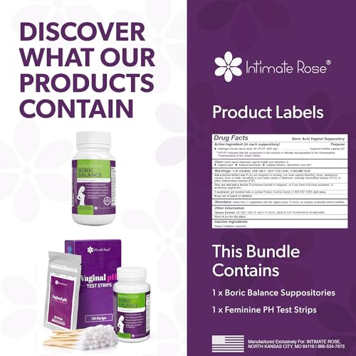 Intimate Rose Boric Acid Suppositories and pH Test Strips for Women (50 Strips) Bundle.