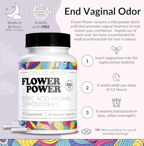 Flower Power Vegan Boric Acid Suppositories - 30 Capsules - 600mg for Vaginal Odor and pH Balance