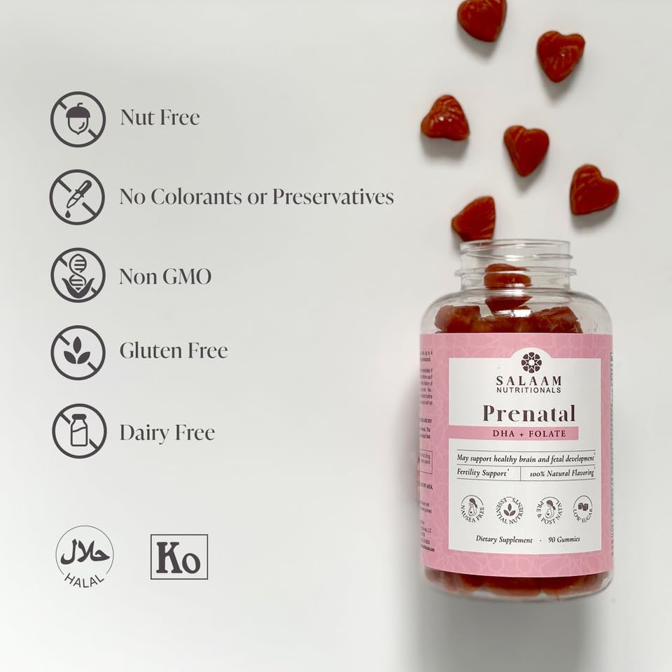 Salaam Nutritionals Halal Prenatal Gummy Multivitamins, Low Sugar, 800 mcg Folate, Methylcobalamin