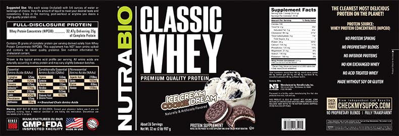 NutraBio Classic Whey Protein Powder- 25G of Protein Per Scoop - Ice Cream Cookie