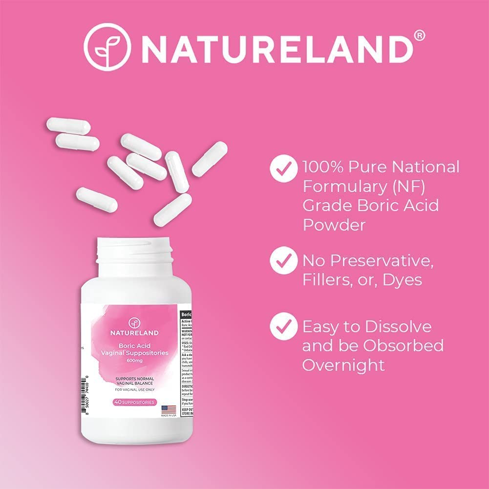 Natureland [40 Count Boric Acid Suppositories 600mg w/ [10 Pack] Vaginal Applicator - Feminine Care