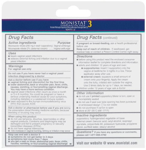 Monistat 3 Vaginal Antifungal Combination Pack, 3 Suppositories with Disposable Applicators