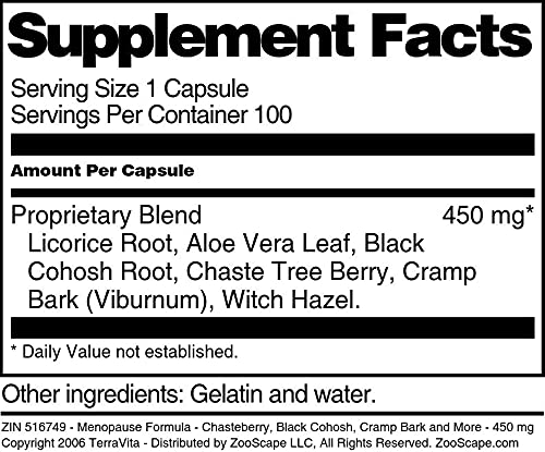 Menopause Formula - Chasteberry, Black Cohosh, Cramp Bark and More - 450 mg (100 Capsules)