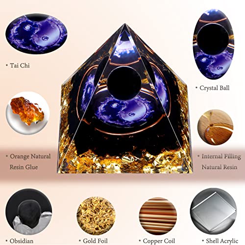 Yin Yang Healing Crystal Orgonite Pyramid - Tai Chi with Obsidian Ball - Taiji Reiki Chakra Meditation