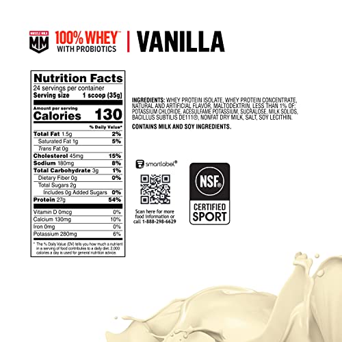 Muscle Milk 100% Whey With Probiotics Protein Powder, Vanilla, 1.85 Pound, 23 Servings