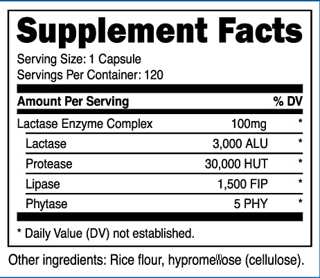 Nutricost Lactase Enzyme Complex 3,000 FCC ALU, 120 Veggie Capsules - Non-GMO