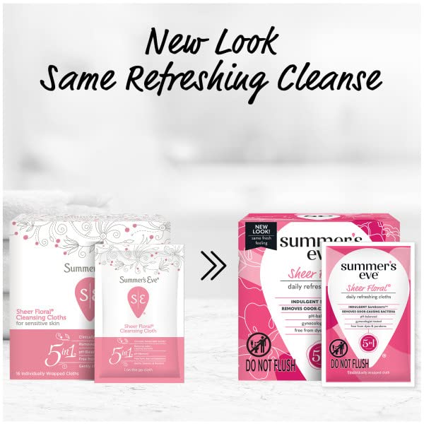 Summer's Eve Sheer Floral Daily Refreshing Feminine Wipes, Removes Odor, pH balanced, 16 count, (Pack of 8)