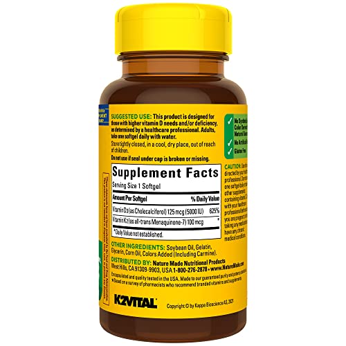 Nature Made Vitamin D3 K2, 5000 IU (125 mcg) Vitamin D, Dietary Supplement for Bone