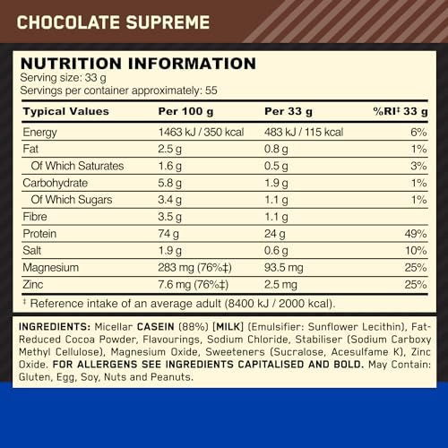 Optimum Nutrition Gold Standard 100% Casein Slow Digesting Protein Powder with Zinc