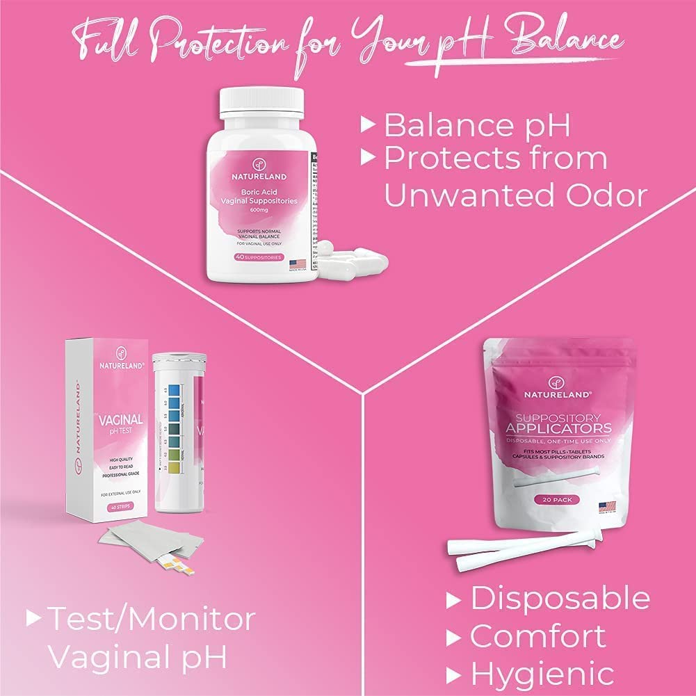 Natureland [40 Count Boric Acid Suppositories 600mg w/ [20 Pack] Vaginal Applicator - Feminine Care