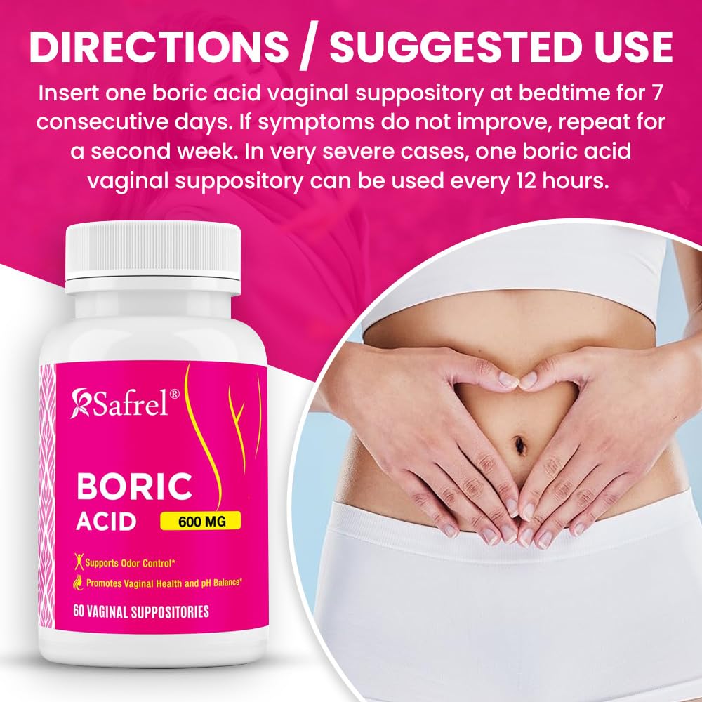 Safrel Boric Acid Vaginal Suppositories - 60 Count (1-Pack) – 100% Pure USA-Made, Supports Intimate