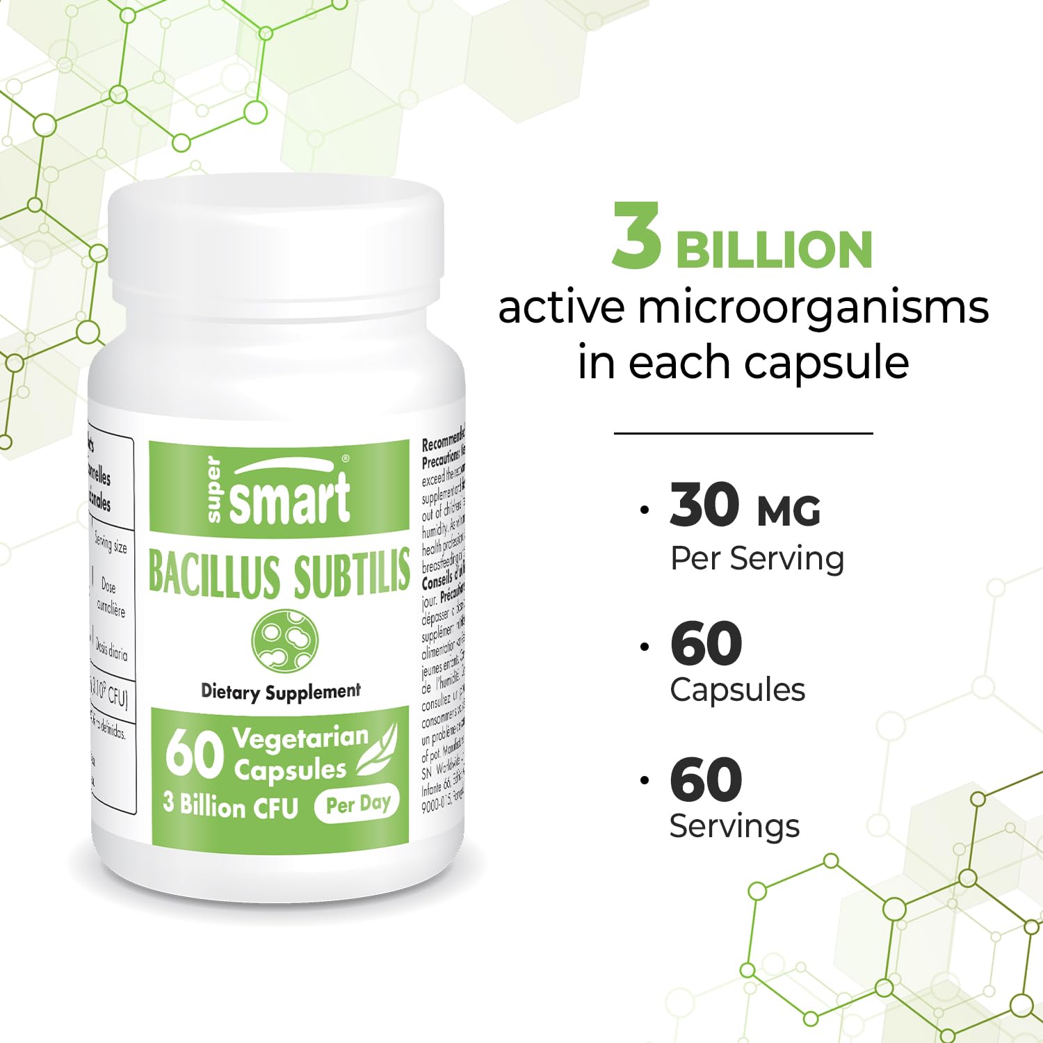 Supersmart - Bacillus Subtilis 3 Billion CFU per Day (High Potency) - Spore Probiotic