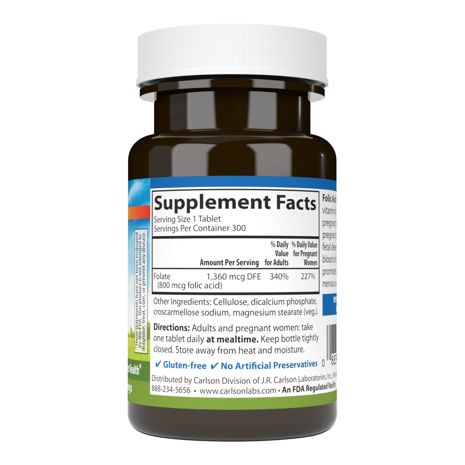 Carlson - Folic Acid, 800 mcg, Provides Important Prenatal Support, 300 tablets