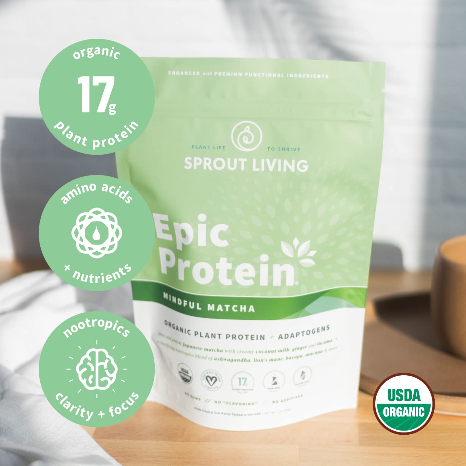 Sprout Living Epic Protein, Plant Based Protein & Superfoods Powder, Mindful Matcha