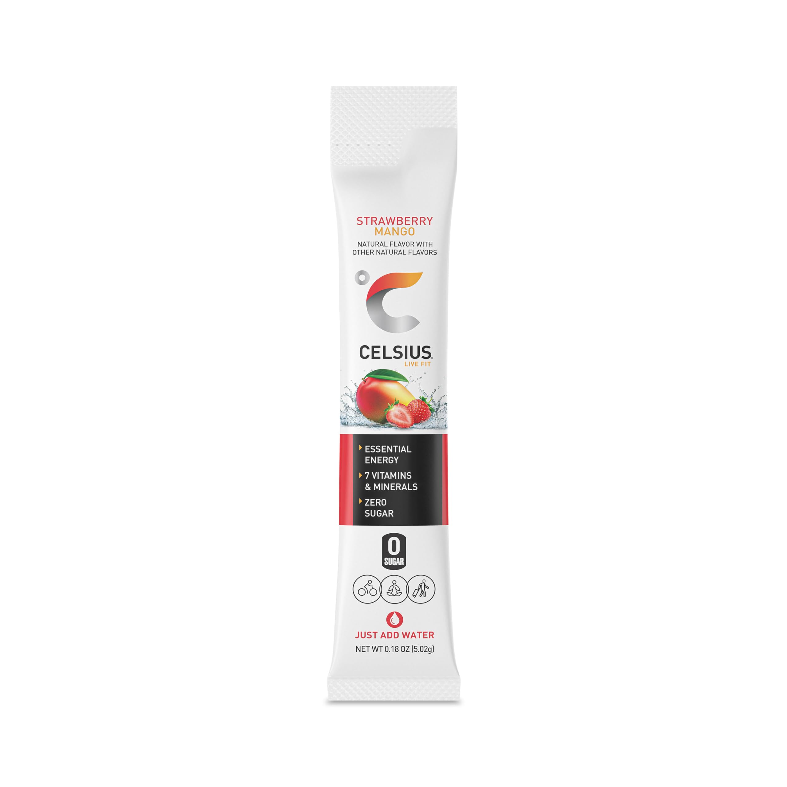 CELSIUS On-the-Go Powder Sticks Strawberry Mango, Essential Energy 14 Sticks per Pack