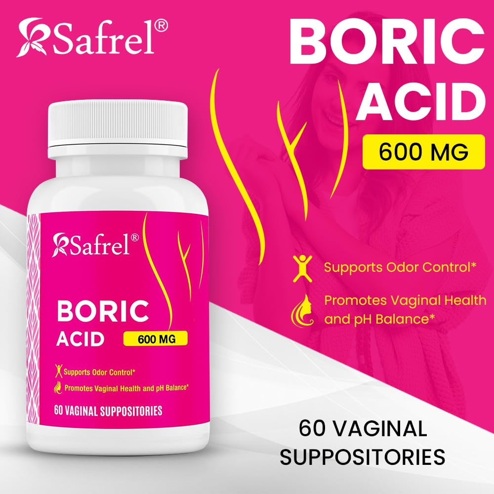 Safrel Boric Acid Vaginal Suppositories - 60 Count (1-Pack) – 100% Pure USA-Made, Supports Intimate
