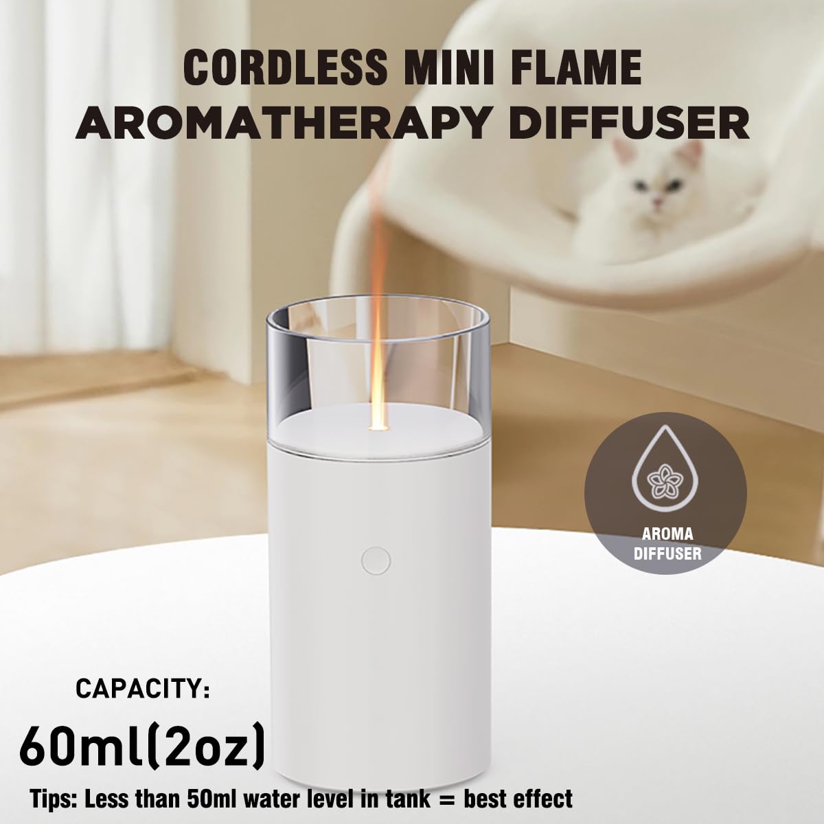 iWeeta Candlelight Diffuser,60ml Rechargeable Battery Operated Low Power Portable 10ml/H Aroma