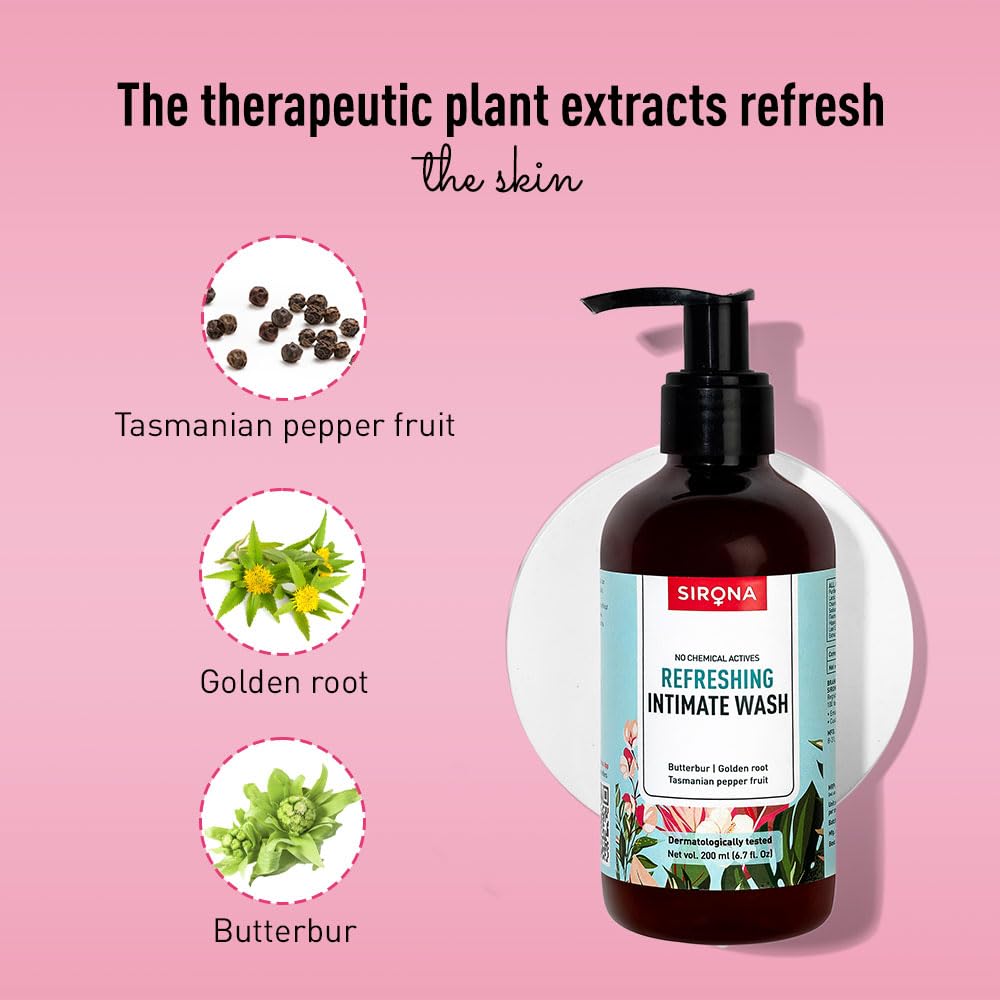 Sirona Natural Refreshing Feminine Wash - 6.7 Fl Oz (200 ml) | No Chemical, No Irritation, pH Balanced Intimate