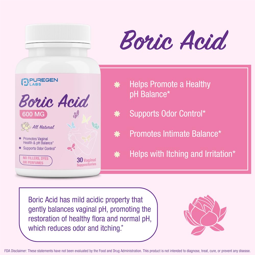 Puregen Labs Boric Acid 600 mg Vaginal Suppositories - 100% Pure | All Natural Without Dyes or Fillers