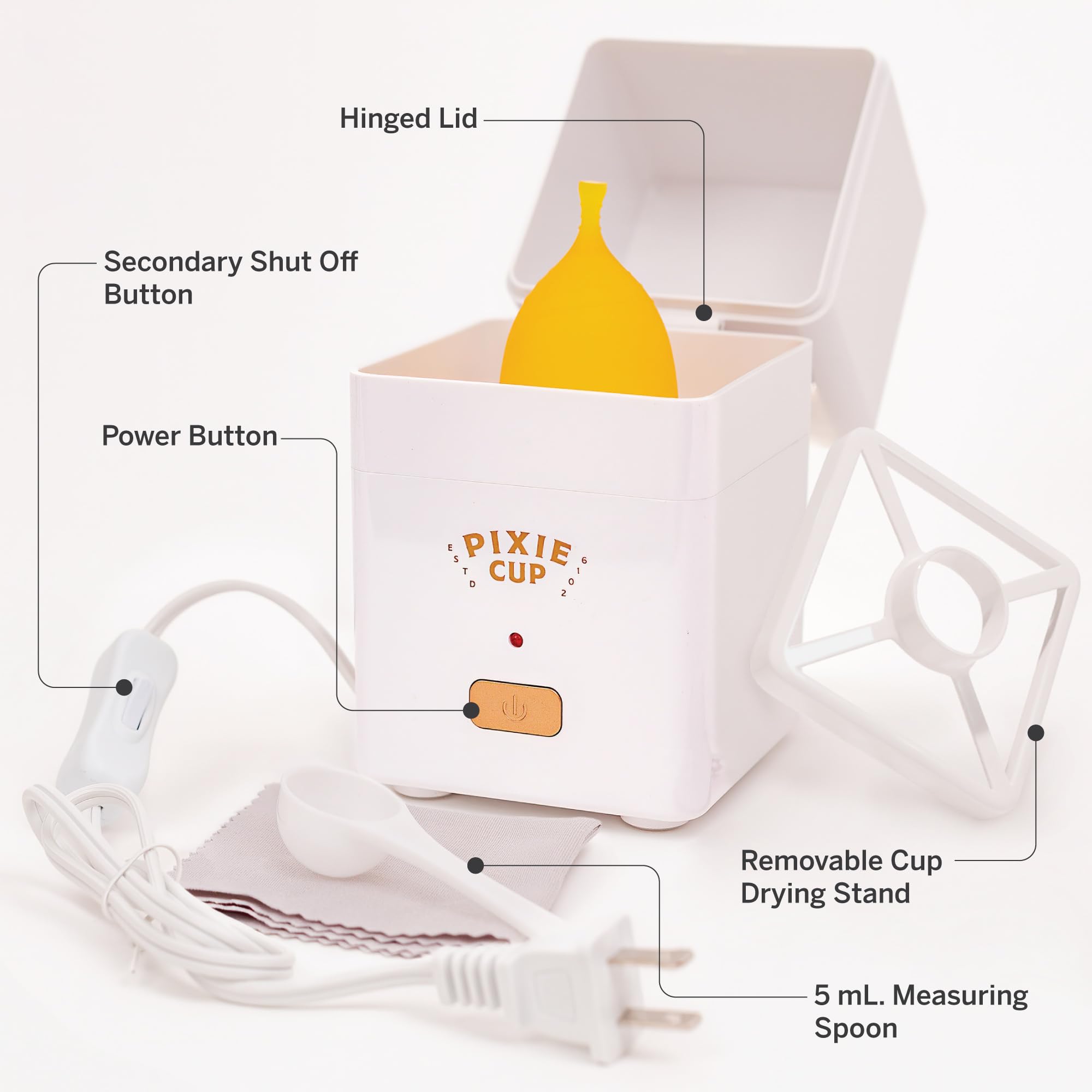 Pixie Menstrual Cup Sterilizer Cleaner Machine - The Only Hinged Lid Steamer & Drying Stand