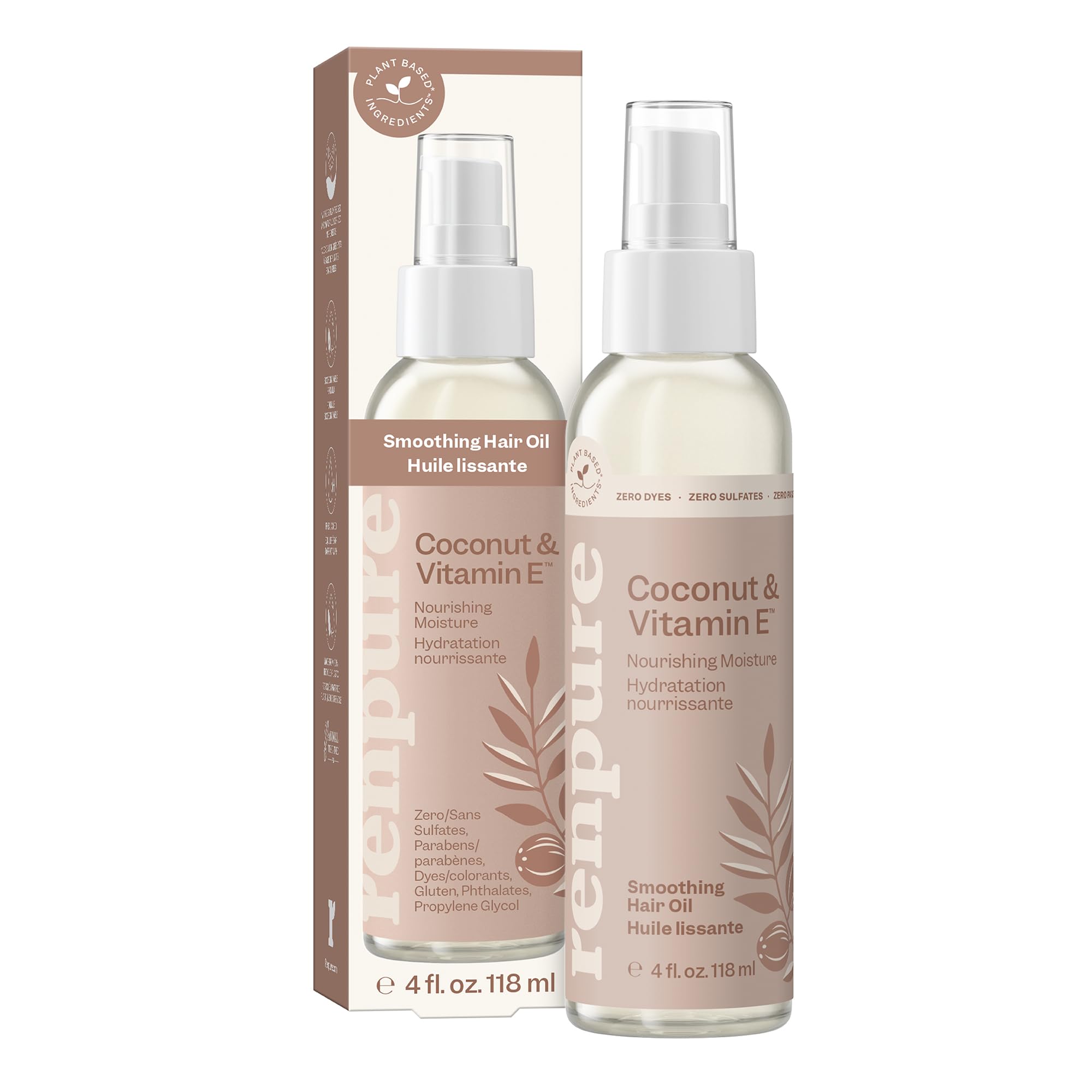 Renpure Coconut & Vitamin E Nourishing Moisture Hair Oil – Smooths Frizz, Adds Shine & Softness – Lightweight, Silicone-Free, Plant-Based Formula – For Dry, Brittleness & Flyaways – 4 Fl Oz