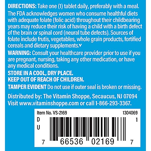 The Vitamin Shoppe Folic Acid 400MCG, Supports Prenatal & Fetal Development (300 Tablets)