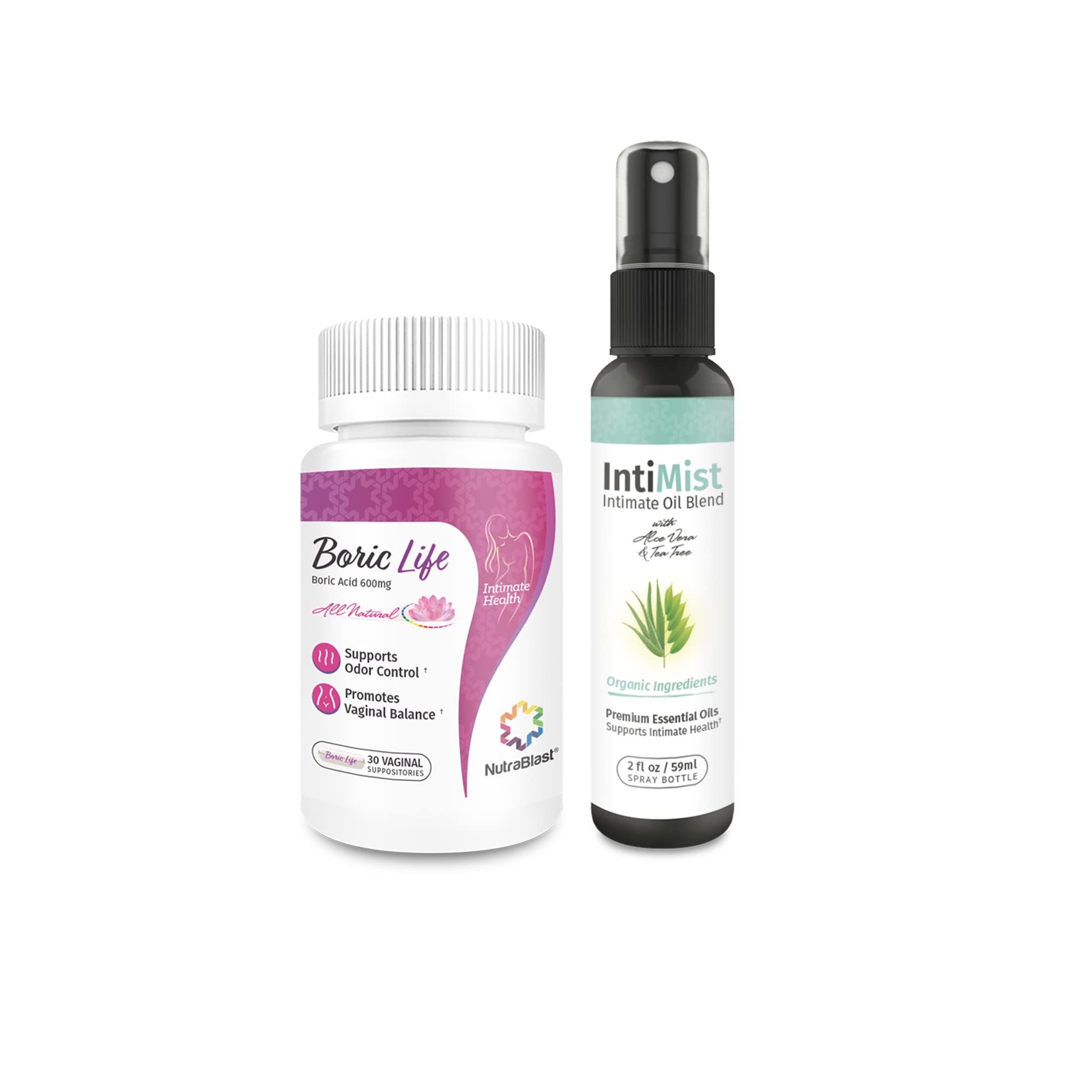 NutraBlast Boric Acid Vaginal Suppositories 600mg (30 Count) w/Intimist Essential Oils Blend Spray (2 fl oz)