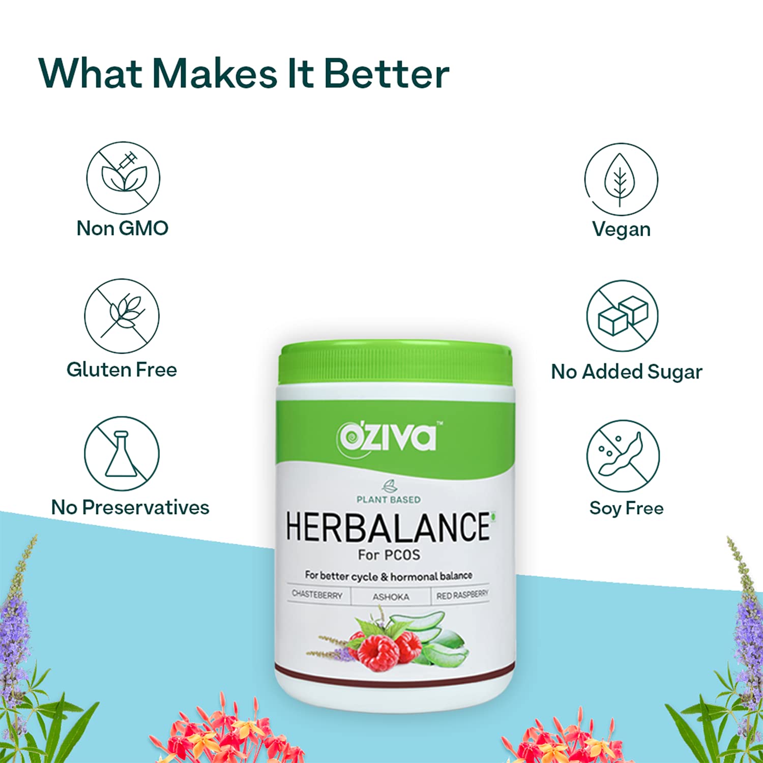 OZiva Plant Based HerBalance for PCOS (with Chasteberry, Shatavari, Red Raspberry, Ashoka) for better cycle