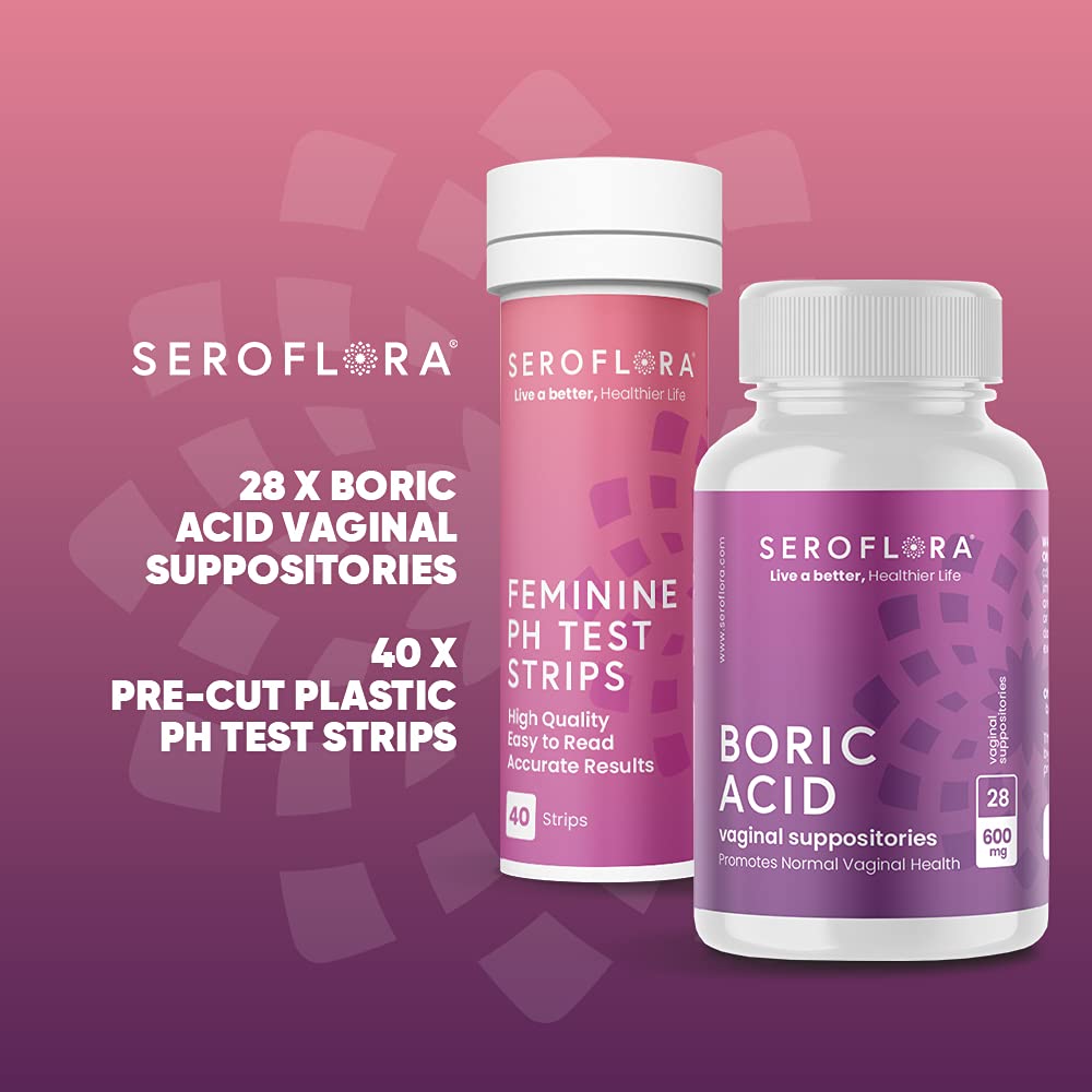 Seroflora Boric Acid Vaginal Suppositories 600mg (28ct) & 40 pH Test Strips for Women