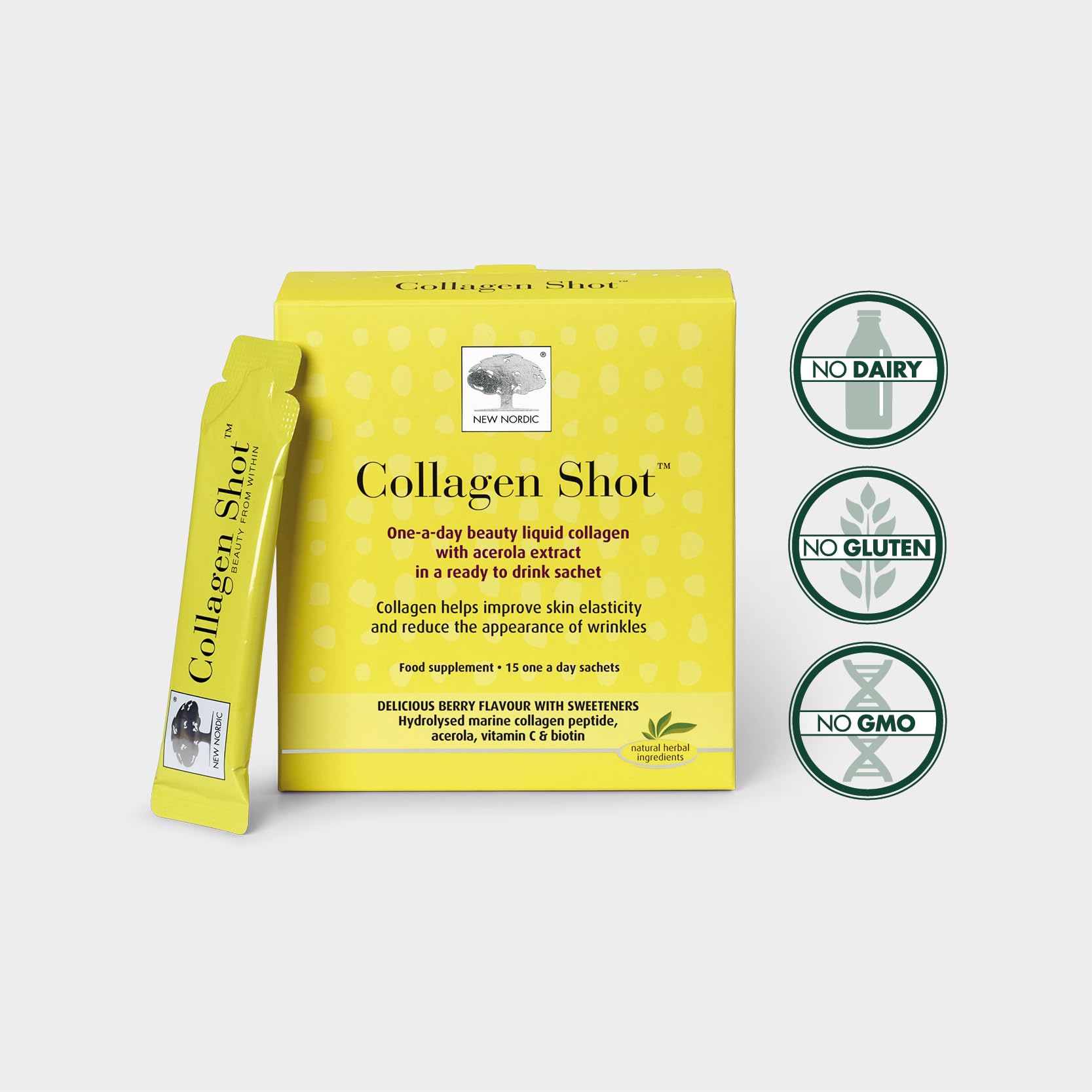 New Nordic Collagen Shot High-Absorbency Premium Liquid Daily Sachets - 15x Hydrolysed Shots - Freshwater Marine Collagen