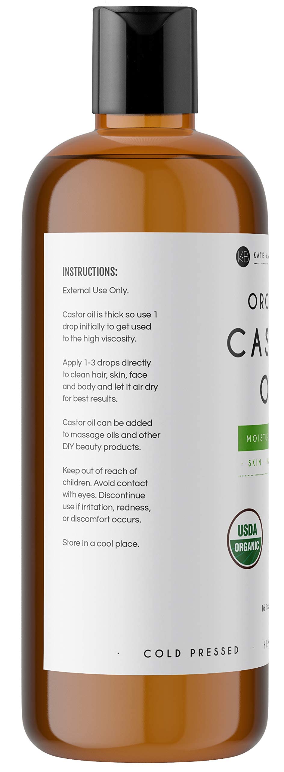Kate Blanc Cosmetics Castor Oil 16oz - USDA Certified Organic. Cold-Pressed, 100% Pure