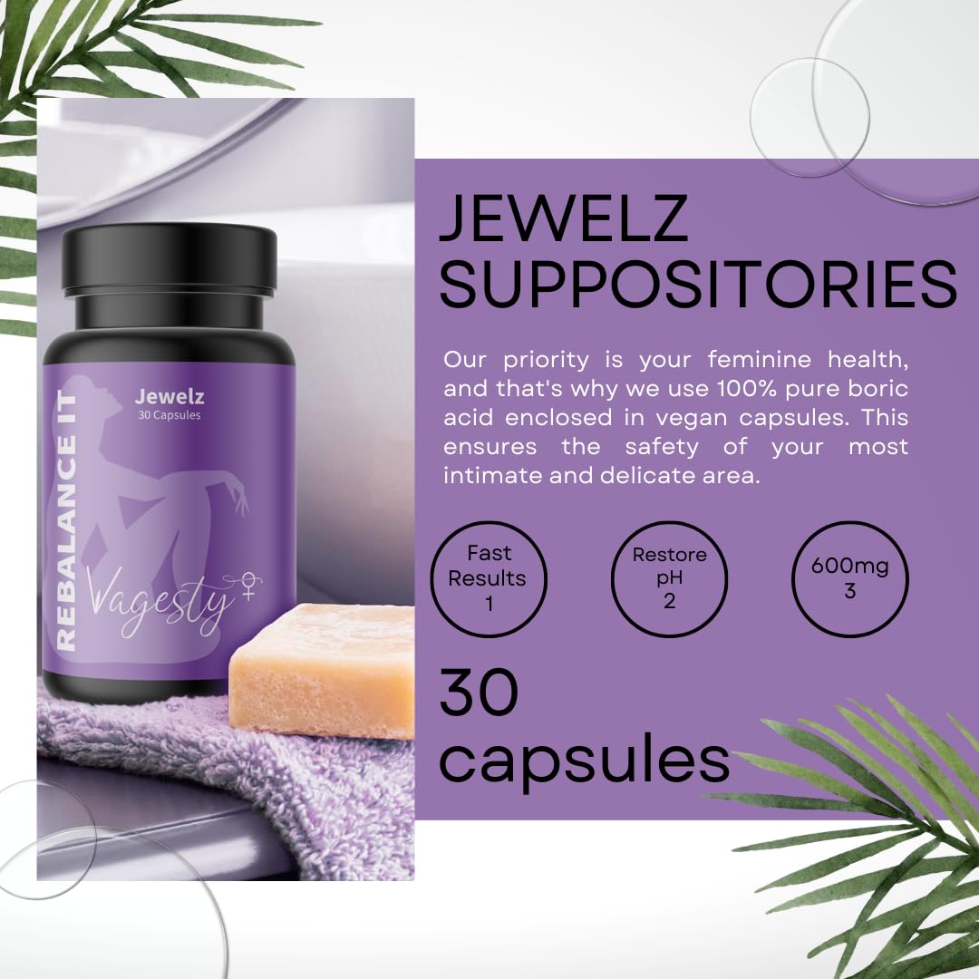 Vagesty Jewelz boric Acid Vaginal Suppositories, 100% Pure boric Acid, rebalance Vaginal pH