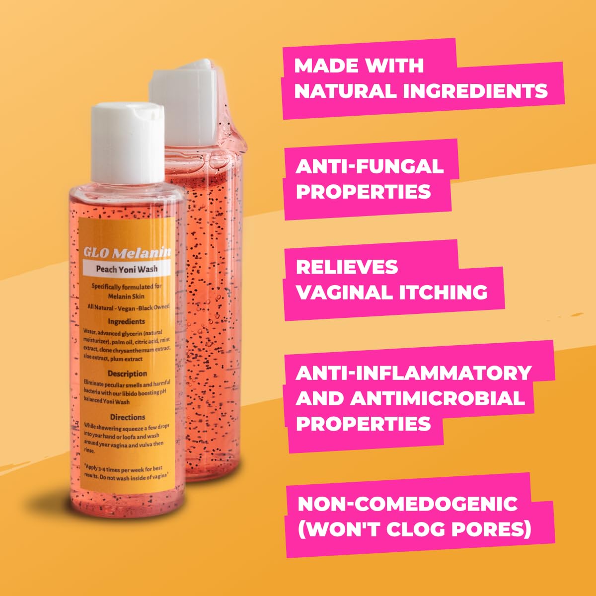 GLO Melanin Peach Yoni Wash with Aloe Vera, All Natural Feminine Wash for Women pH Balance