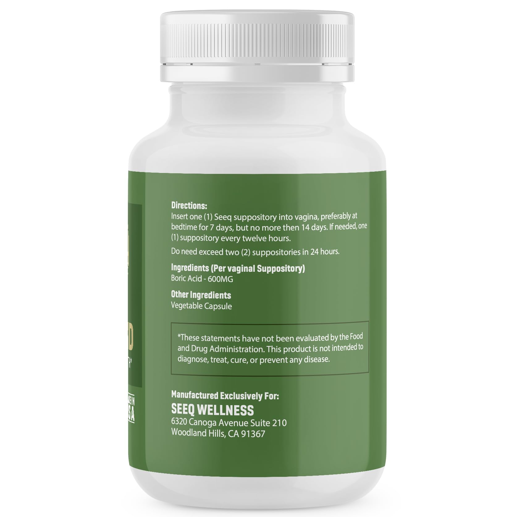 Seeq Wellness Boric Acid Vaginal Suppositories - Helps Support Odor Control and Balance Vaginal PH