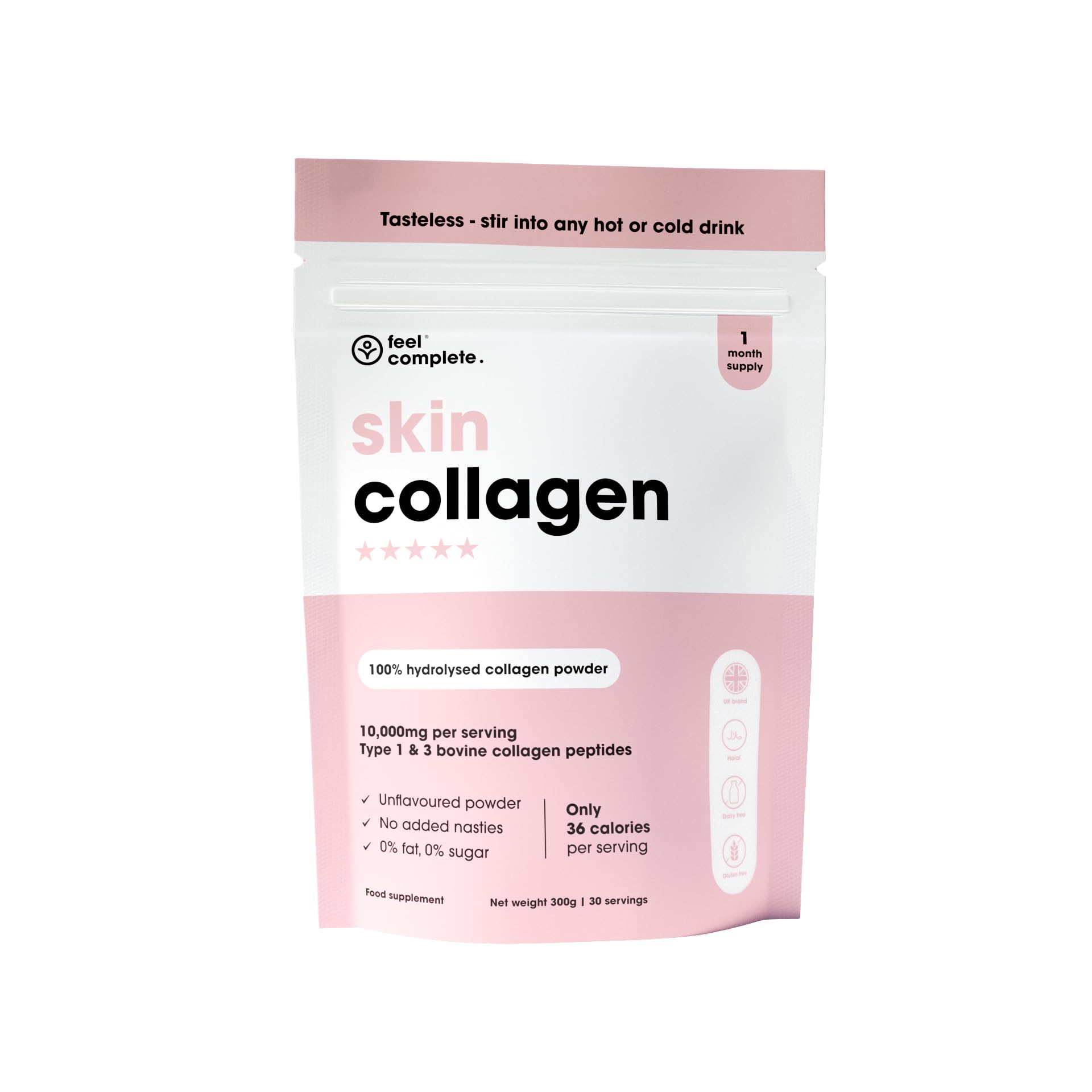 Feel Complete - Tasteless Type 1&3 Bovine Skin Collagen Powder - for Women - Low Calorie, Halal, Anti Aging - Amino Acids for Hair, Skin