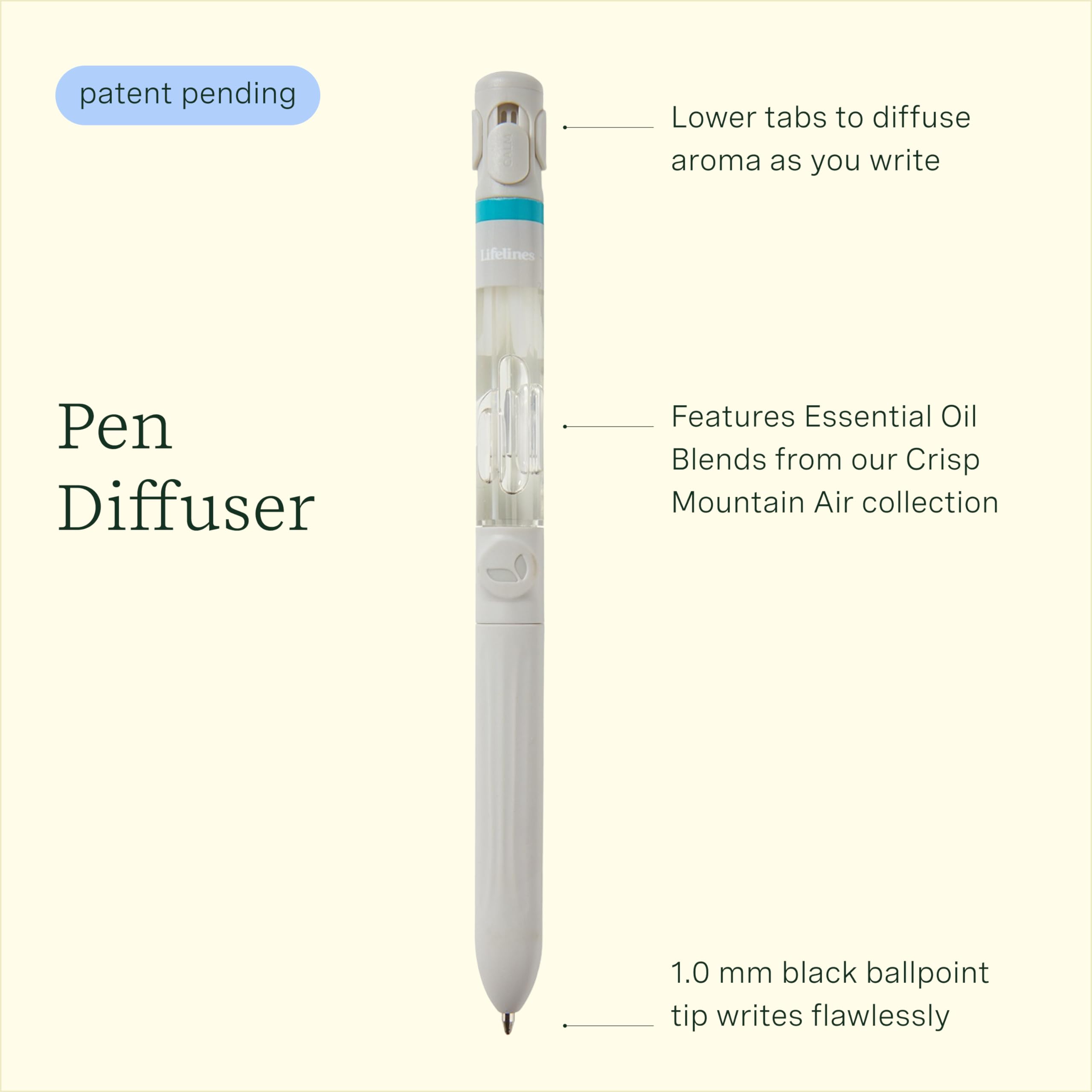 Pen Diffuser in Crisp Mountain Air Essential Oil Blends - Elegant 1.0mm Ballpoint Tip - Black Pen