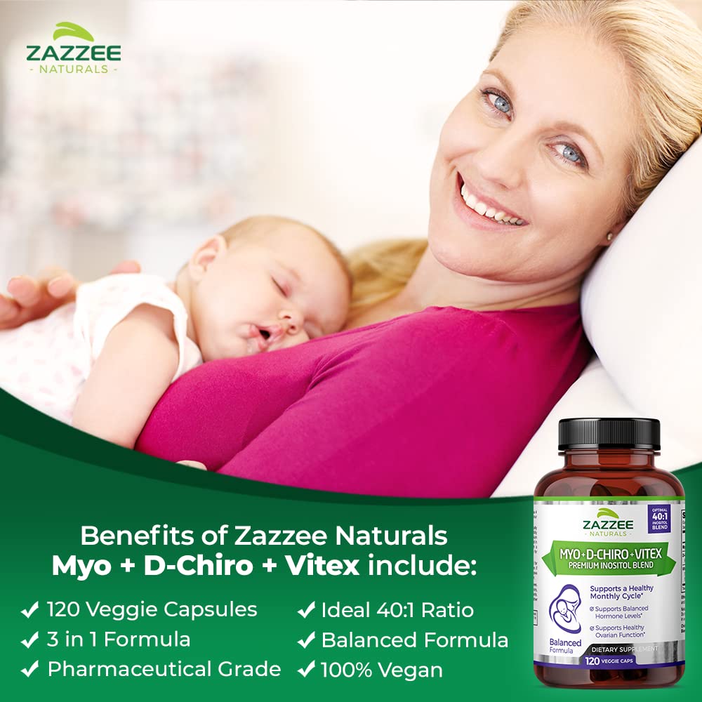 Zazzee Myo-Inositol + D-Chiro + Vitex, 120 Vegan Capsules, Optimal 40:1 Inositol Ratio, with 500 mg Vitex
