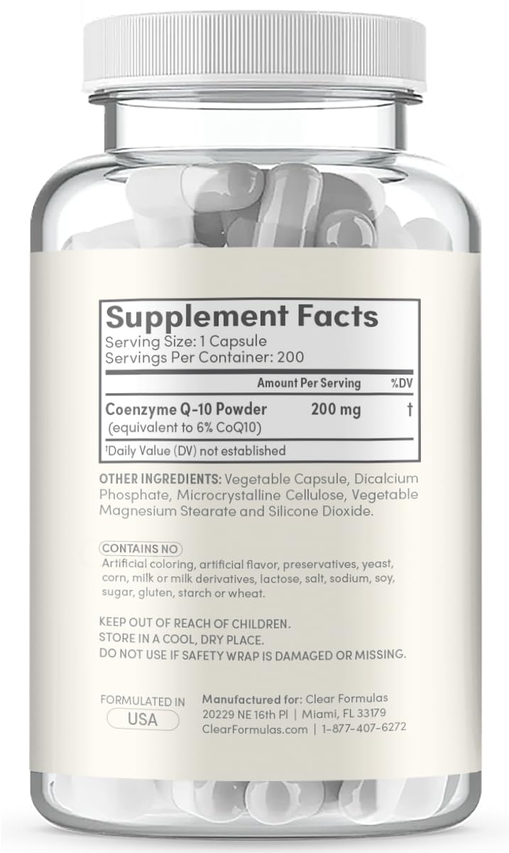 Clear Formulas CoQ10 200mg 200 Capsules Quick Absorption Non-GMO