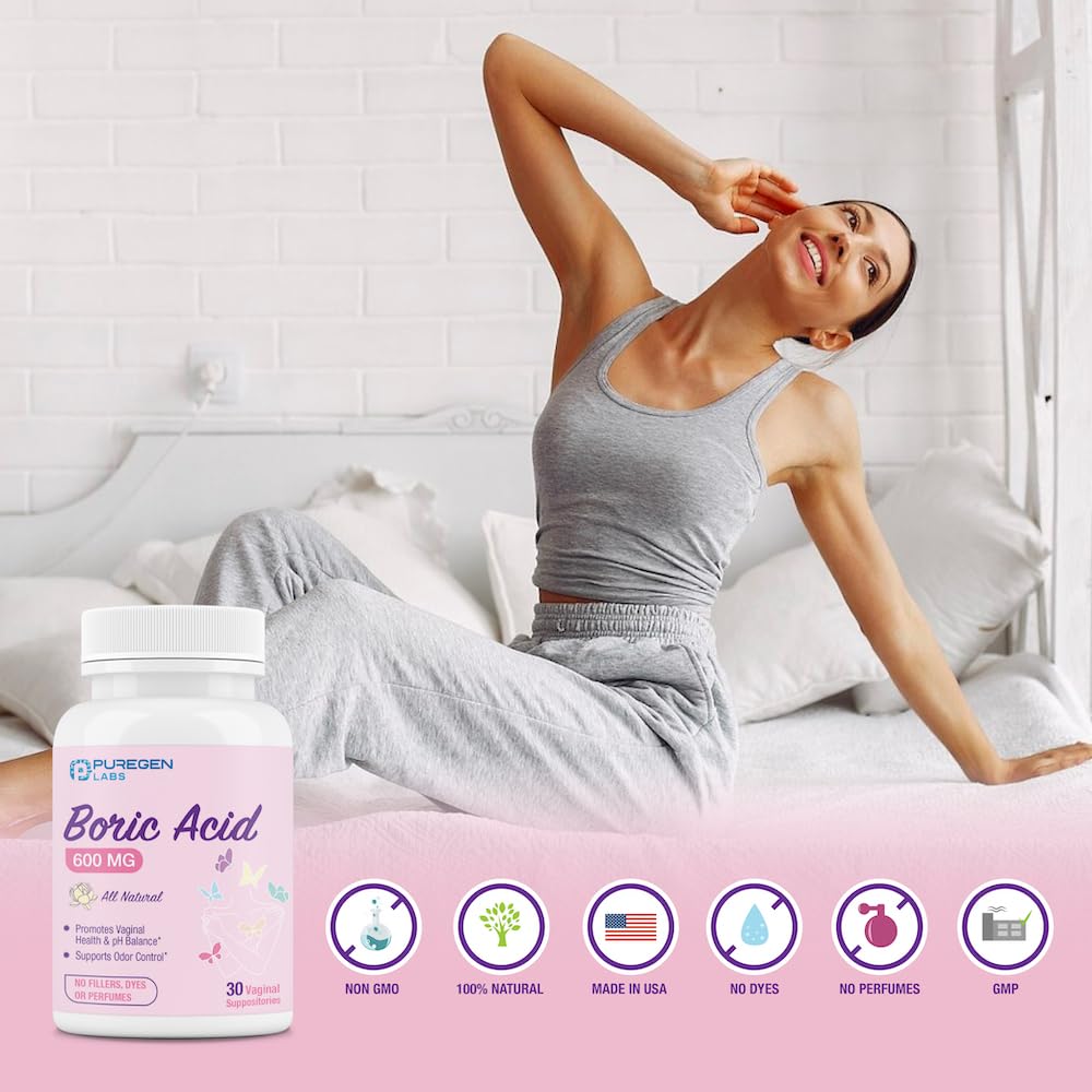 Puregen Labs Boric Acid 600 mg Vaginal Suppositories - 100% Pure | All Natural Without Dyes or Fillers