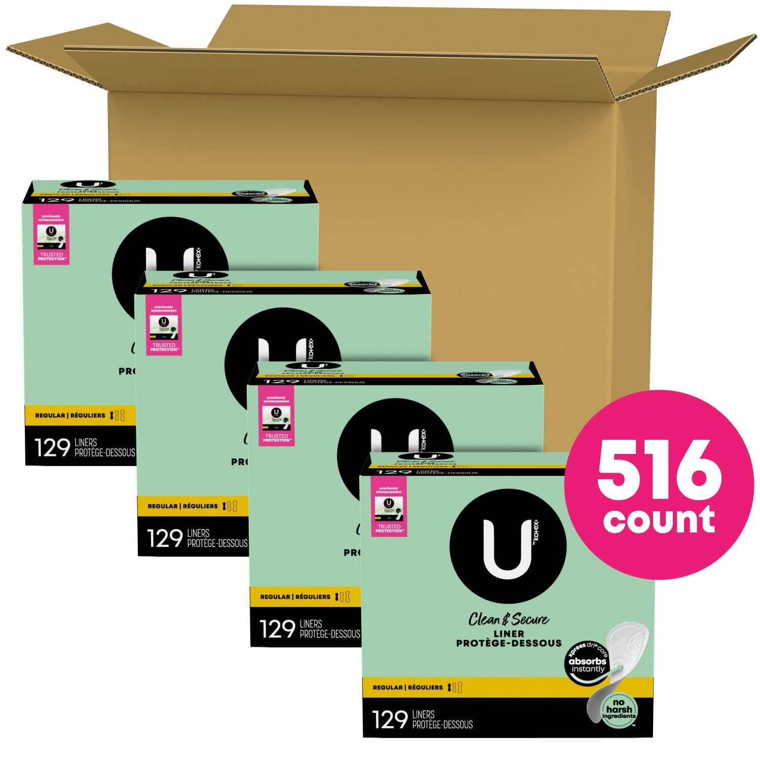 U by Kotex Clean & Secure Panty Liners, Light Absorbency, Regular Length, 516 Count