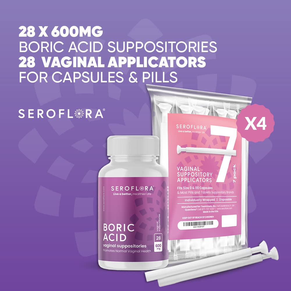 SEROVERA Seroflora Boric Acid Vaginal Suppositories 600 mg + Suppository Applicators Bundle