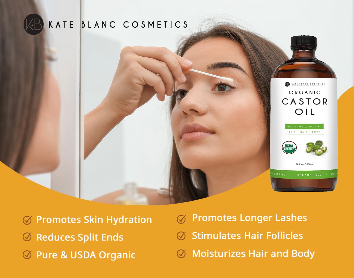Kate Blanc Cosmetics Castor Oil Organic for Hair Growth & Body (16oz). 100% Pure Cold-Pressed