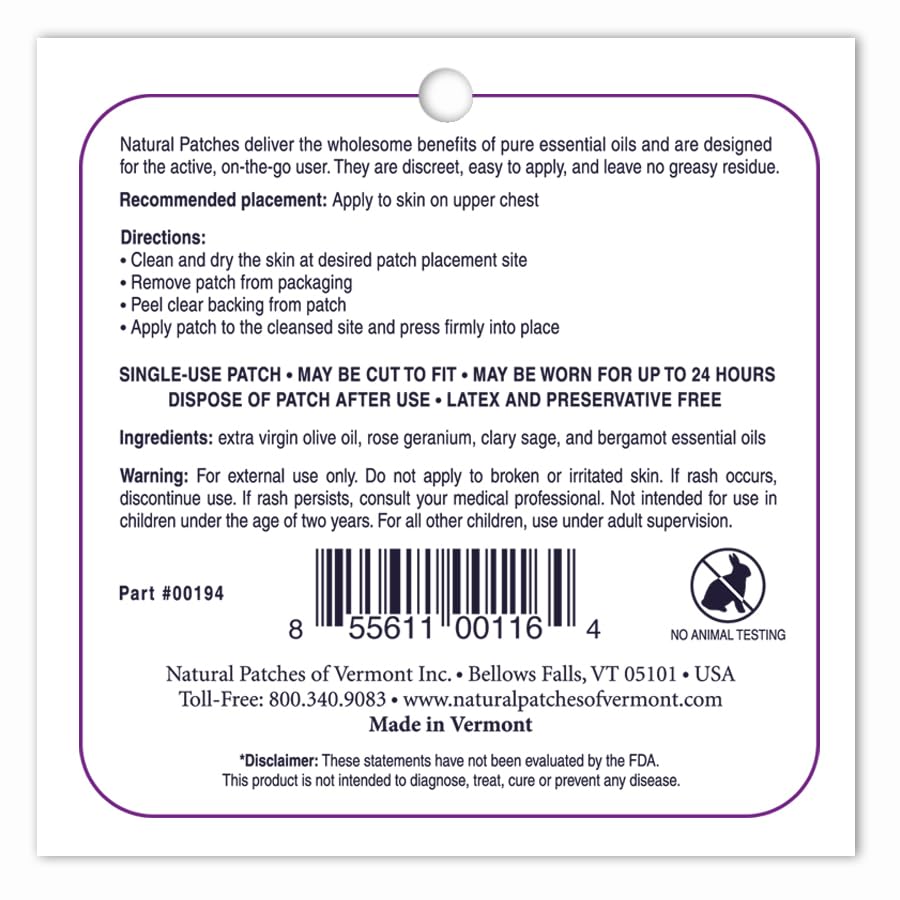 Natural Patches Of Vermont Rose Geranium PMS & Menopause Essential Oil Body Patches, Single Patch Pouch