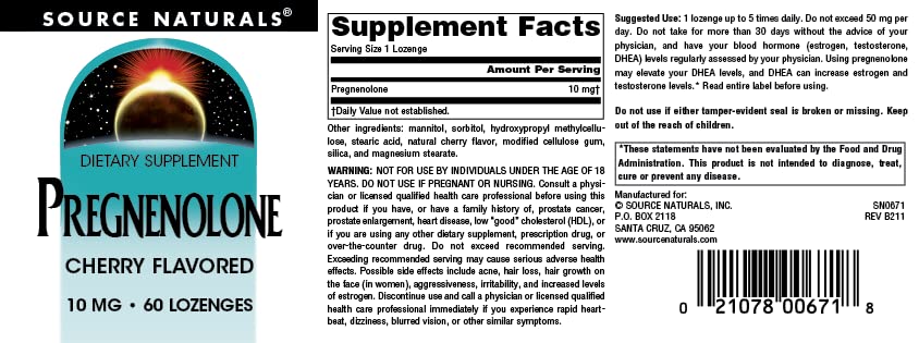 Source Naturals Pregnenolone 10mg - 60 Cherry Lozenges
