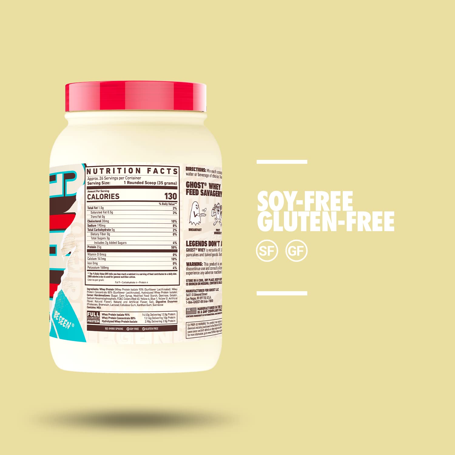 GHOST Whey Protein Powder, Marshmallow Cereal Milk - 2LB Tub, 25G of Protein